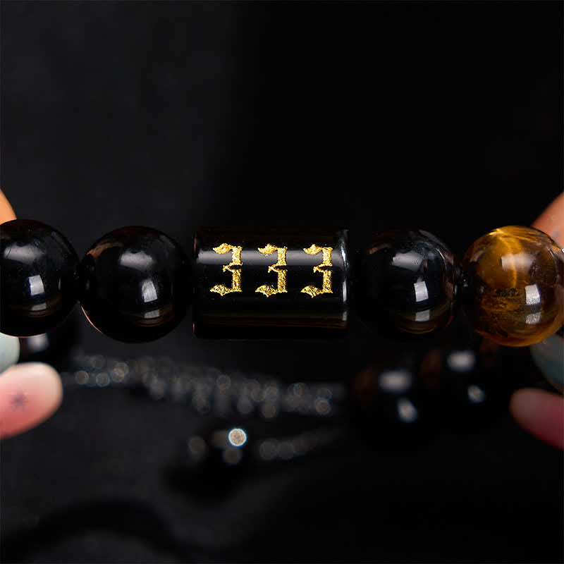 Armband Schwarzer Obsidian Tigerauge Stärke Segen Mantra Perle Handgelenk