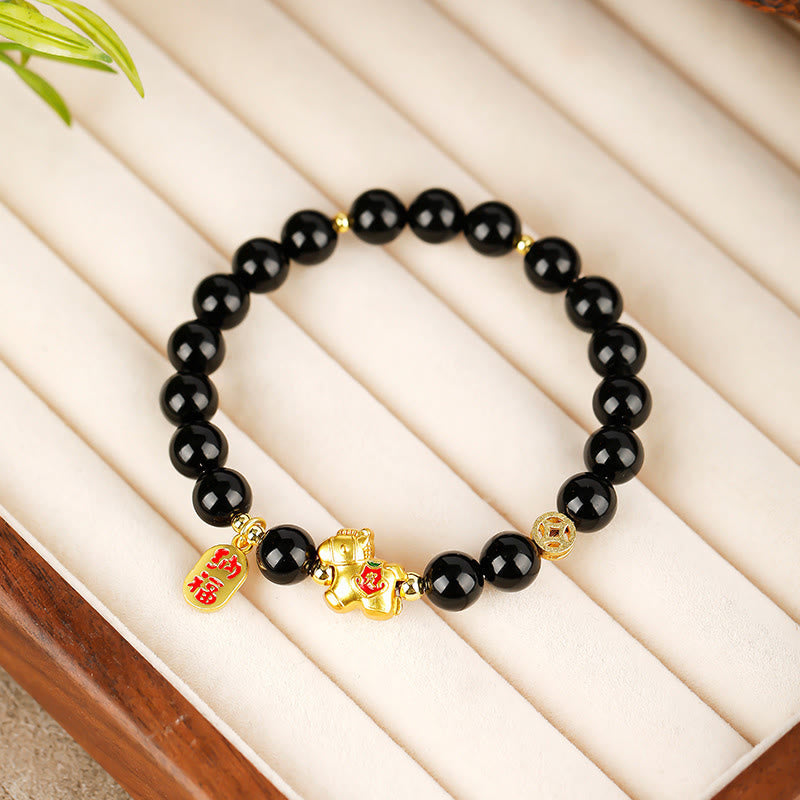 Armband Schwarzer Obsidian Stärke Pixiu Glücksanhänger goldene Perlen Handgelenk Schmuck