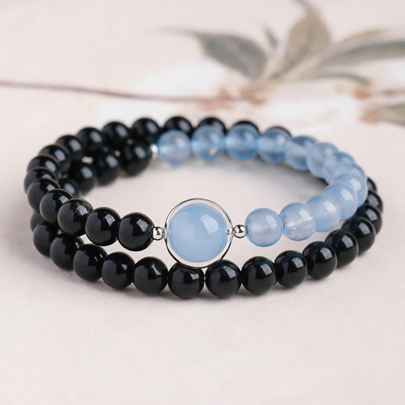 Armband Schwarzer Obsidian Aquamarin Katze – Frieden & Reinigung
