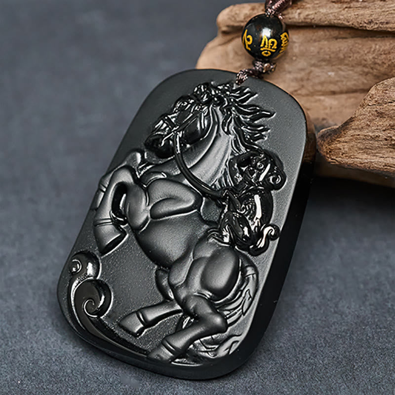 Schwarzer Obsidian Anhänger mit Affe Kette Naturstein Schmuck