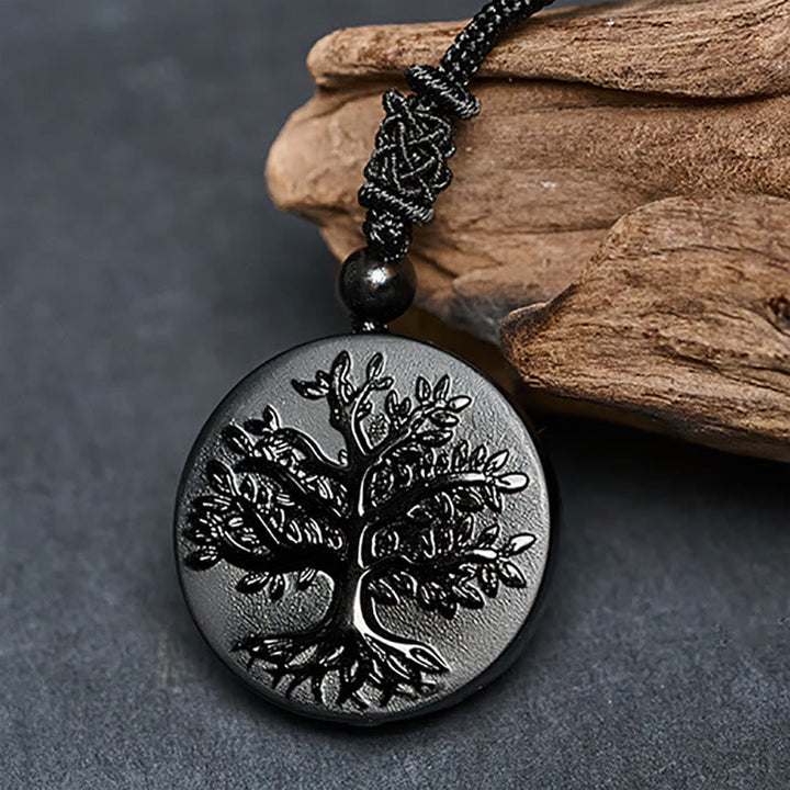 Lebensbaum Anhänger schwarzer Obsidian Kette Naturstein Transformation