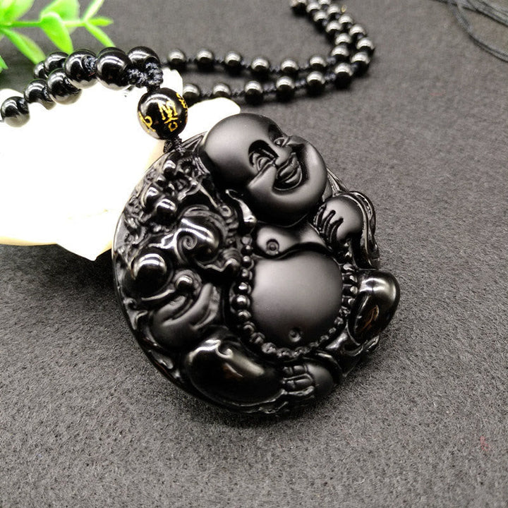Schwarzer Obsidian Kette mit Lachender Buddha Anhänger Erfüllung