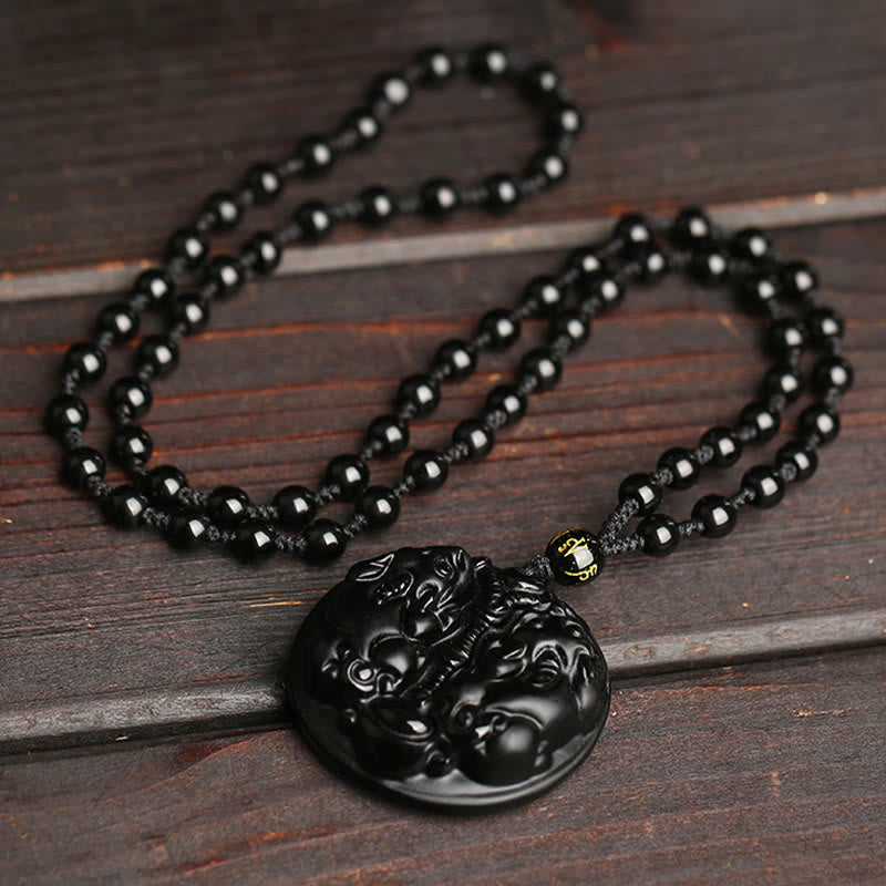 Schwarze Obsidian Doppel-Kette mit geschnitztem Pixiu Anhänger Naturstein