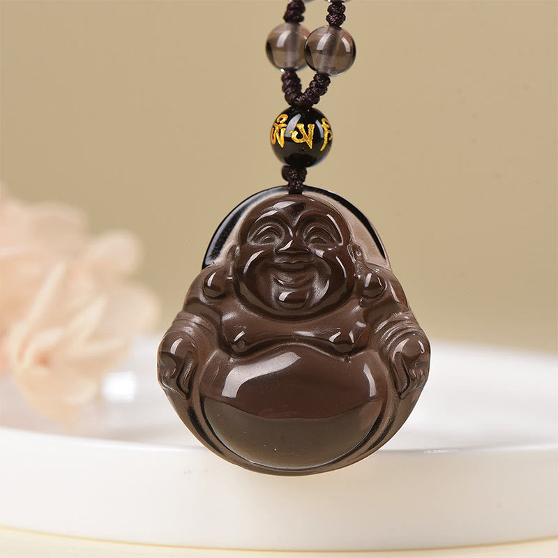 Schwarzer Obsidian Kette Lachender Buddha Anhänger mit OM Perlen Naturstein