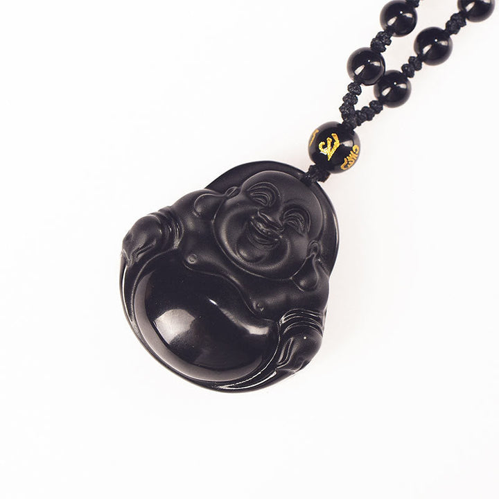 Schwarzer Obsidian Kette Lachender Buddha Anhänger Naturstein Schmuck