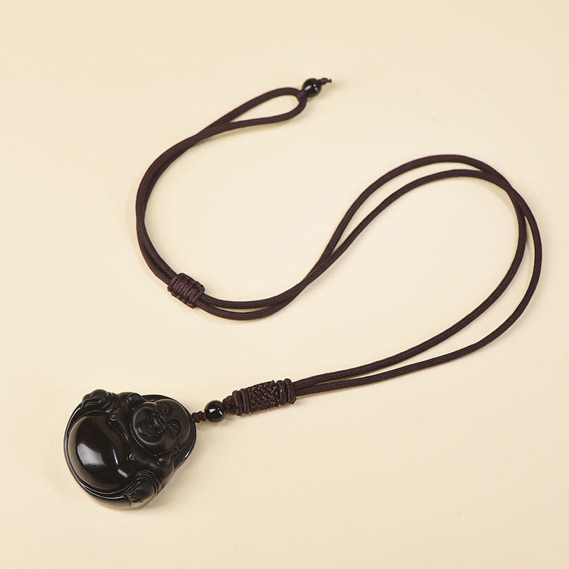 Kette Schwarzer Obsidian mit Lachender Buddha Anhänger Schnur