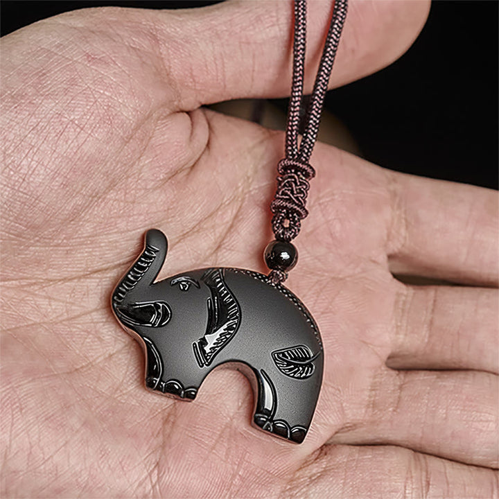 Schwarzer Obsidian Elefant Kette Geschnitzt Schutz Stärke Anhänger