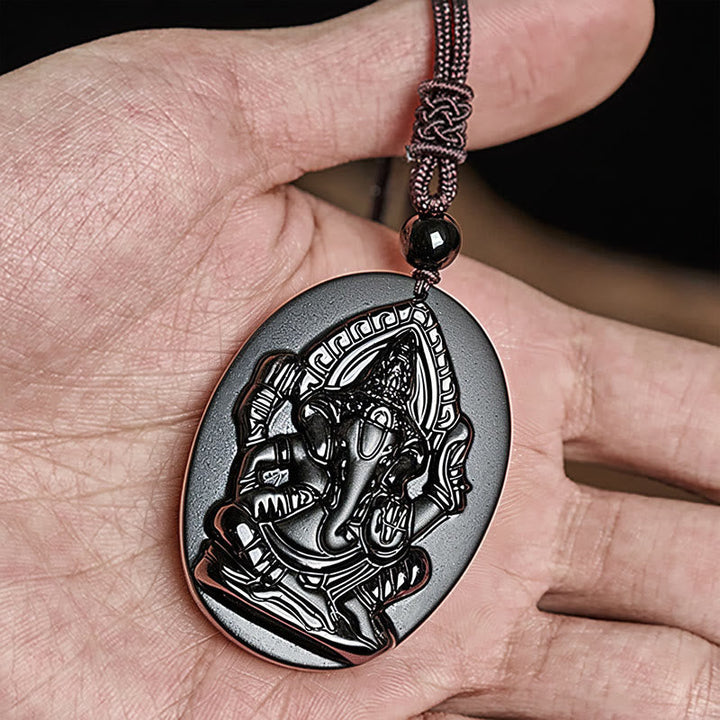 Schwarzer Obsidian Kette mit Ganesha Anhänger Natur Stärke