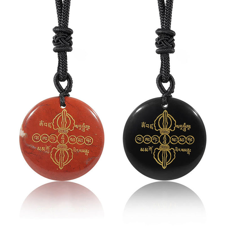 Schwarzer Obsidian Kette Vajra Anhänger mit tibetischen Symbolen Natur