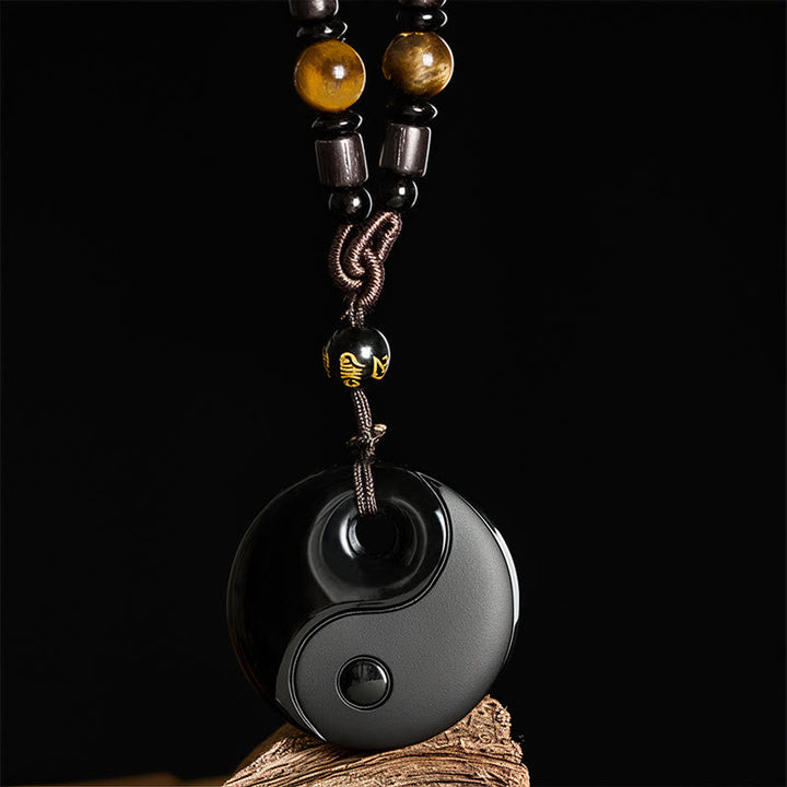 Schwarzer Obsidian Kette Yin Yang Anhänger mit Tigereye Stärke Naturstein