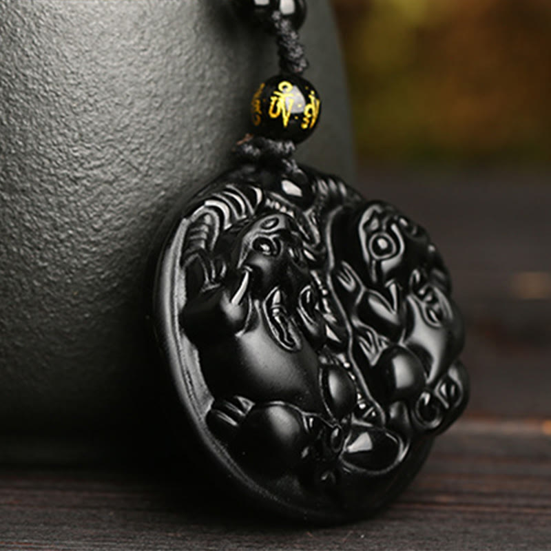 Schwarze Obsidian Pixiu Doppel Kette eleganter Naturstein Anhänger zum Tragen