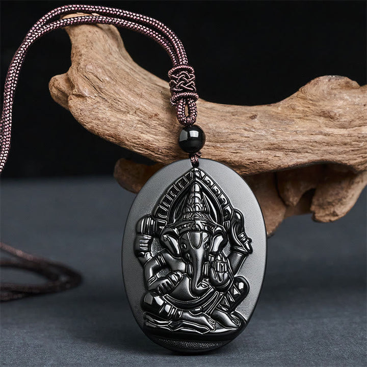 Schwarze Obsidian Kette mit Ganesha Anhänger Stärke und Schutz
