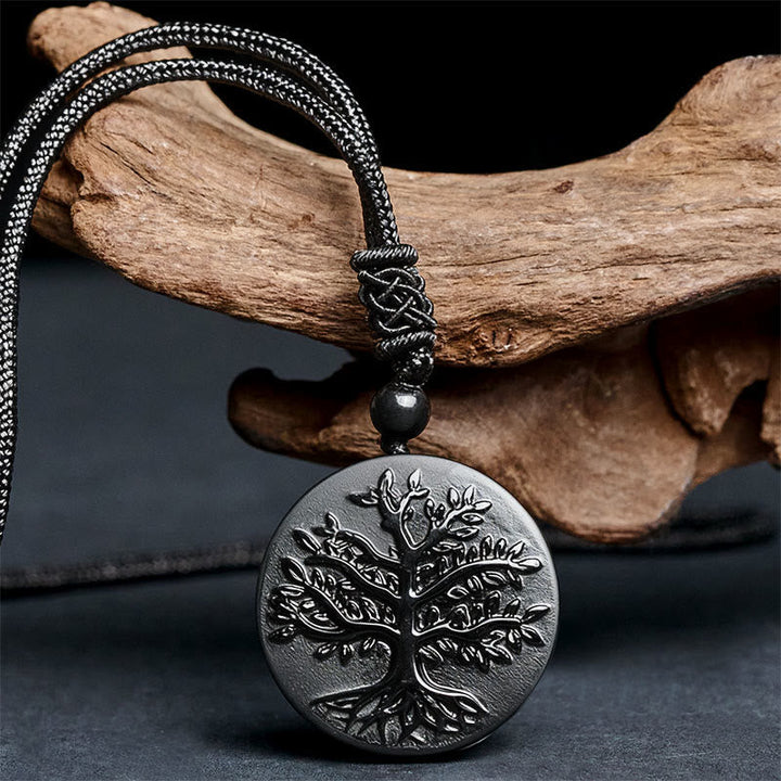 Schwarze Obsidian Kette Lebensbaum Anhänger Transformation Naturstein
