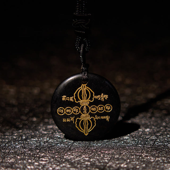 Kette Schwarzer Obsidian Vajra Natur Anhänger goldene Gravur