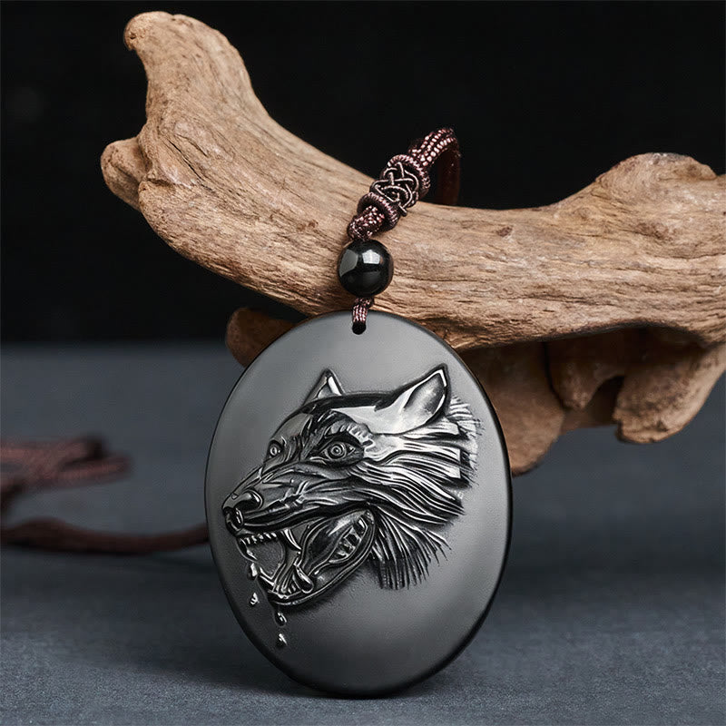 Schwarze Obsidian Kette Wolf Anhänger Naturstein Stärke Symbol