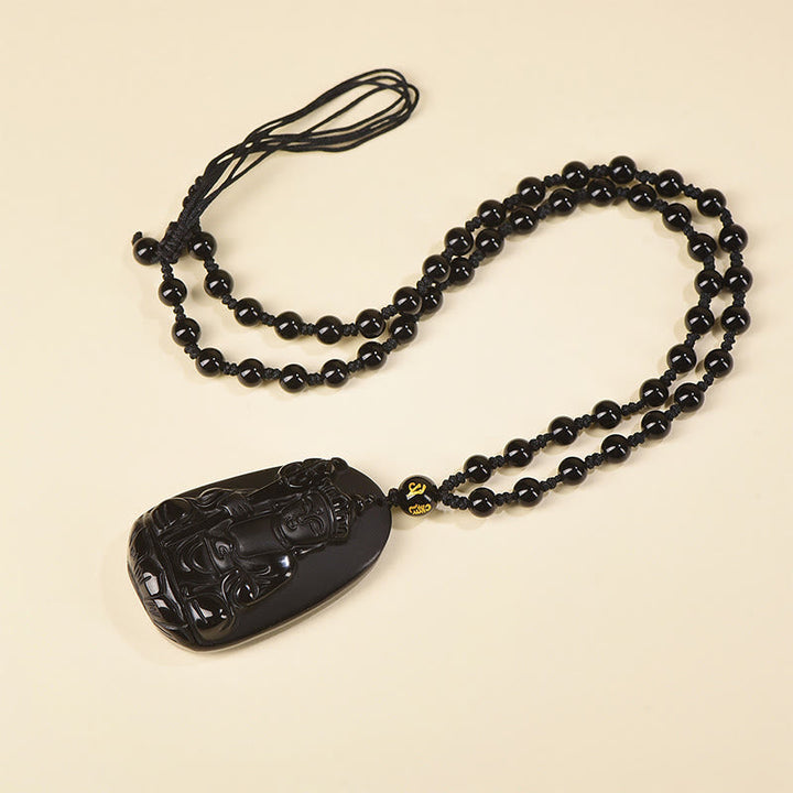 Schwarze Obsidian Kette Ksitigarbha Anhänger Erfüllung Buddhismus Naturstein