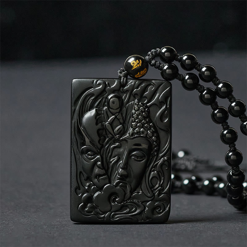 Schwarzer Obsidian Buddha-Relief Kette mit Perlen Naturstein Stärke