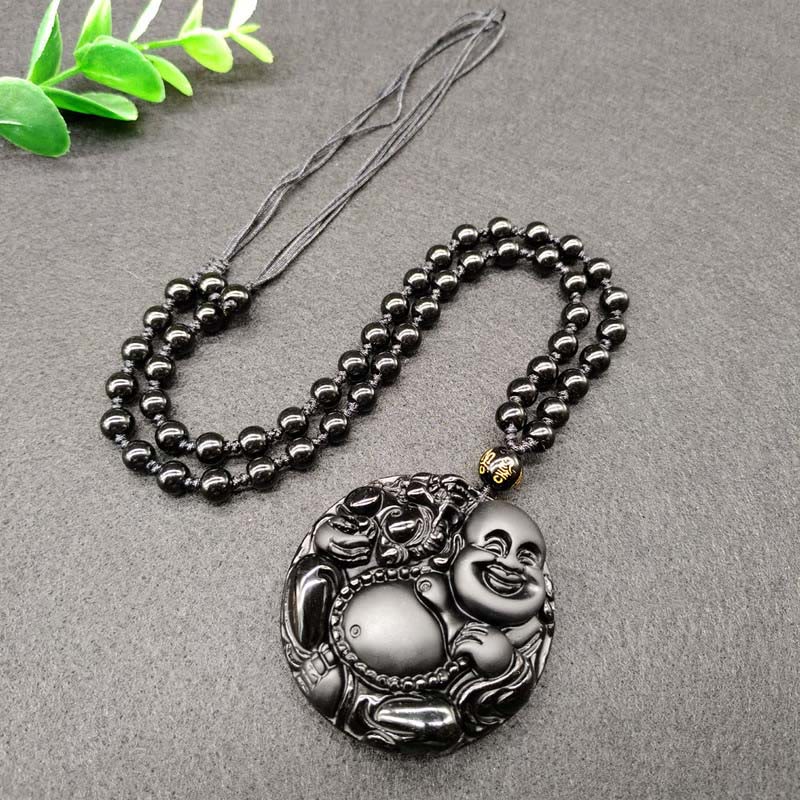 Schwarze Obsidian Kette mit Lachenden Buddha Anhänger Erfüllung