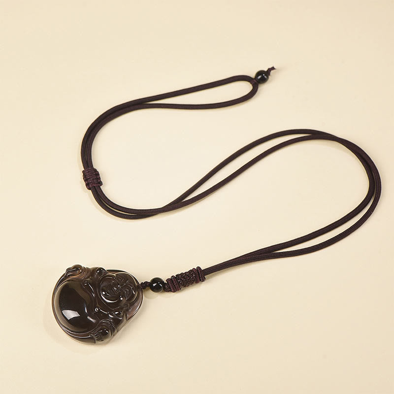Schwarzer Obsidian Lachender Buddha Kette mit schwarzer Schnur Anhänger