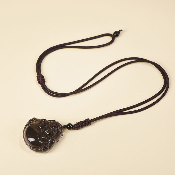 Schwarzer Obsidian Lachender Buddha Kette mit schwarzer Schnur Anhänger
