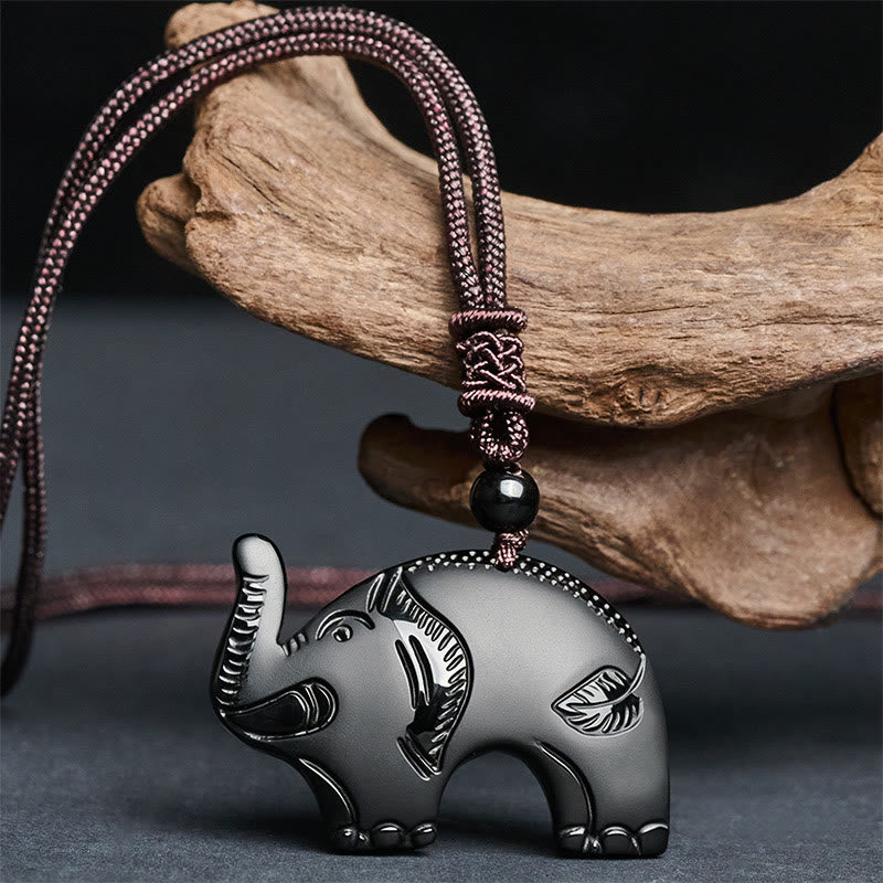 Schwarze Obsidian Kette mit geschnitztem Elefant Anhänger Stärke