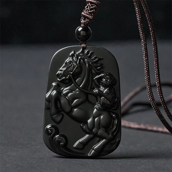 Obsidian Kette Pferd Affe schwarzer Naturstein Anhänger elegant