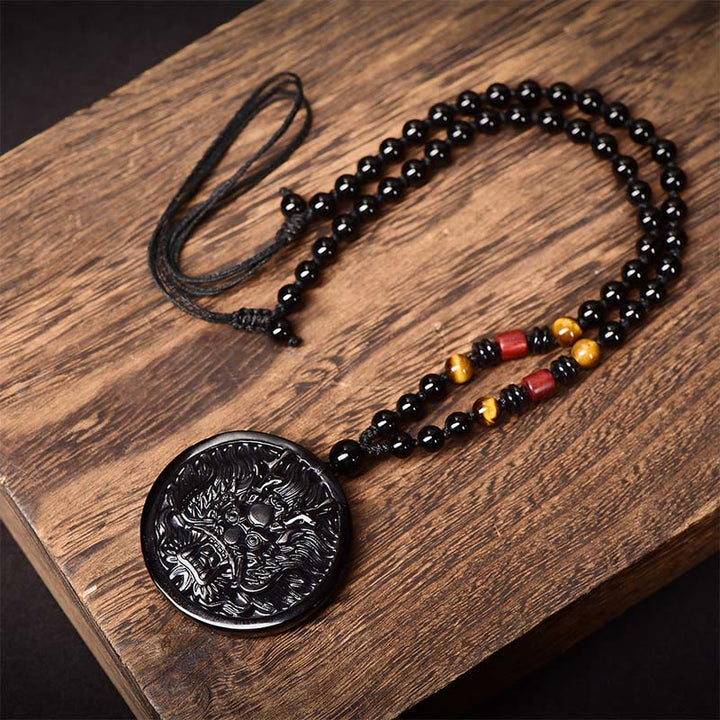 Obsidian Kette mit Drachen Anhänger schwarze Perlen Naturstein Erfüllung