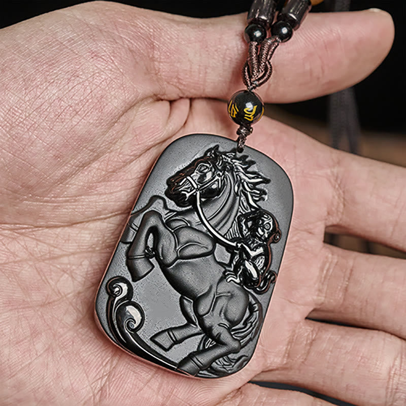 Schwarzer Obsidian Anhänger Kette mit Pferd und Affe Motiv