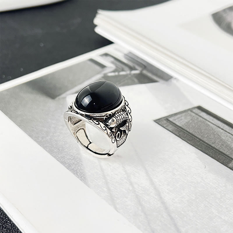 Ring Schwarzer Obsidian Koi Fisch Silber Stärke Fengshui Schutz
