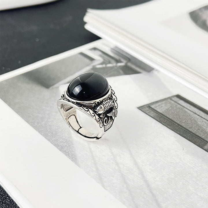 Ring Schwarzer Obsidian Koi Fisch Silber Stärke Fengshui Schutz