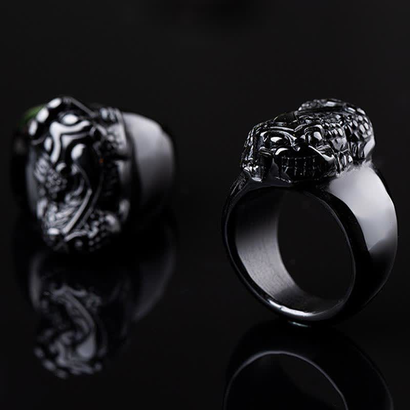 Schwarzer Obsidian Pixiu Ring mit Fengshui Schutz und Glück