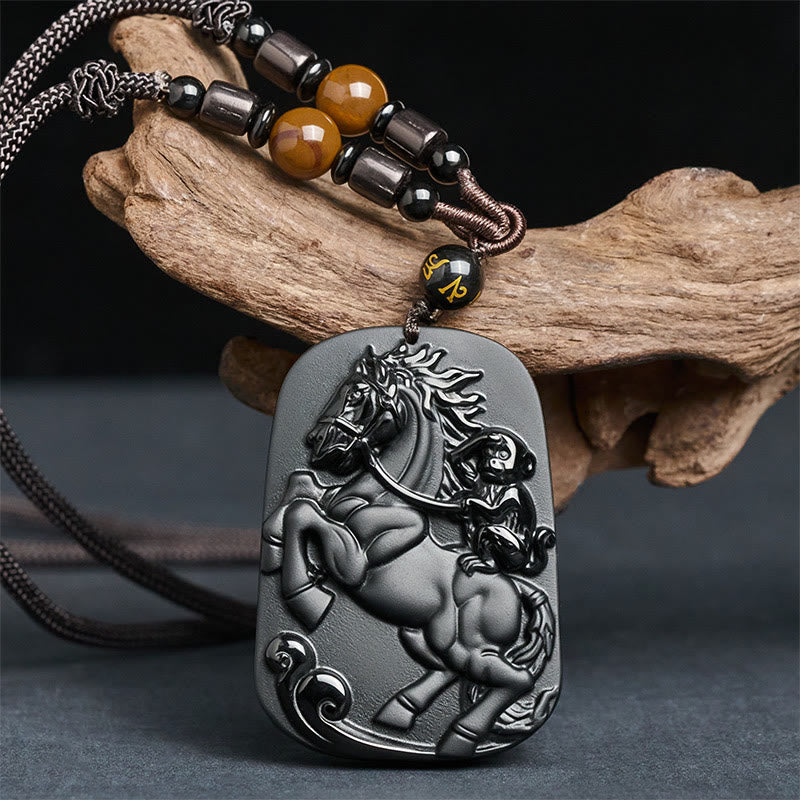 Schwarzer Obsidian Anhänger Kette mit Pferd Affe Symbol