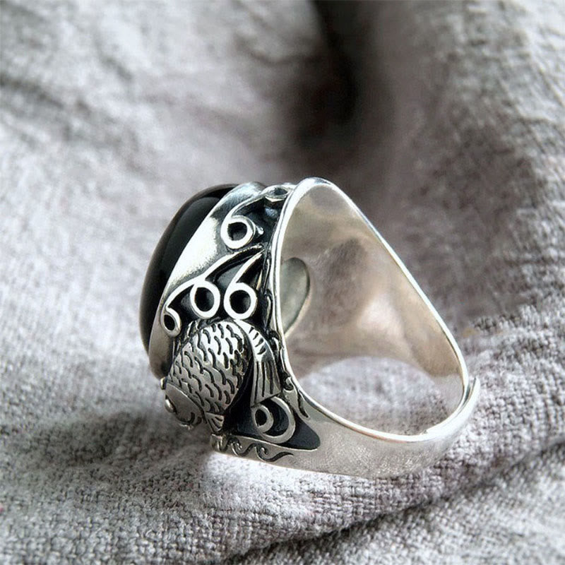 Schwarzer Obsidian Ring mit Eule für Stärke und Kraft