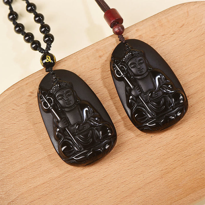 Schwarzer Obsidian Kette Ksitigarbha Buddha Anhänger Naturstein Halskette