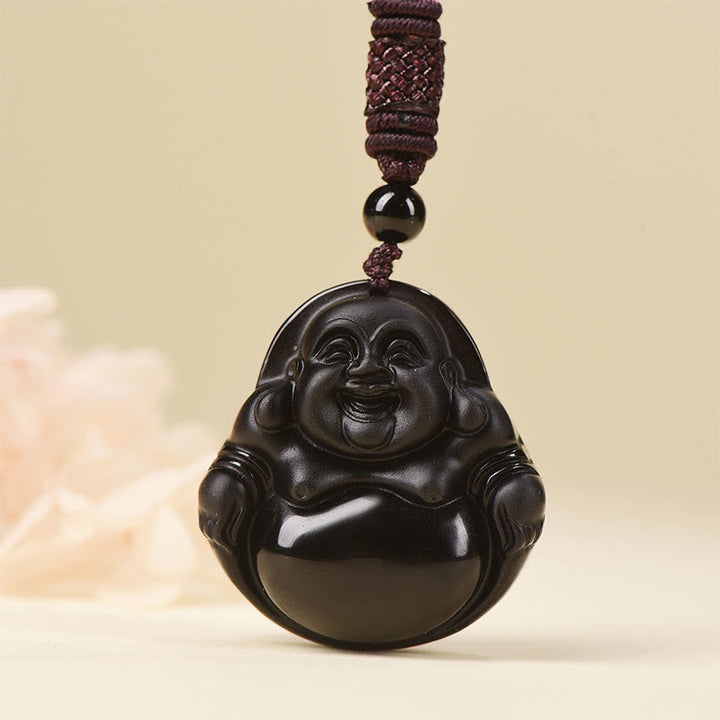 Kette Schwarzer Obsidian Lachender Buddha Anhänger mit braunem Kordel geflochten