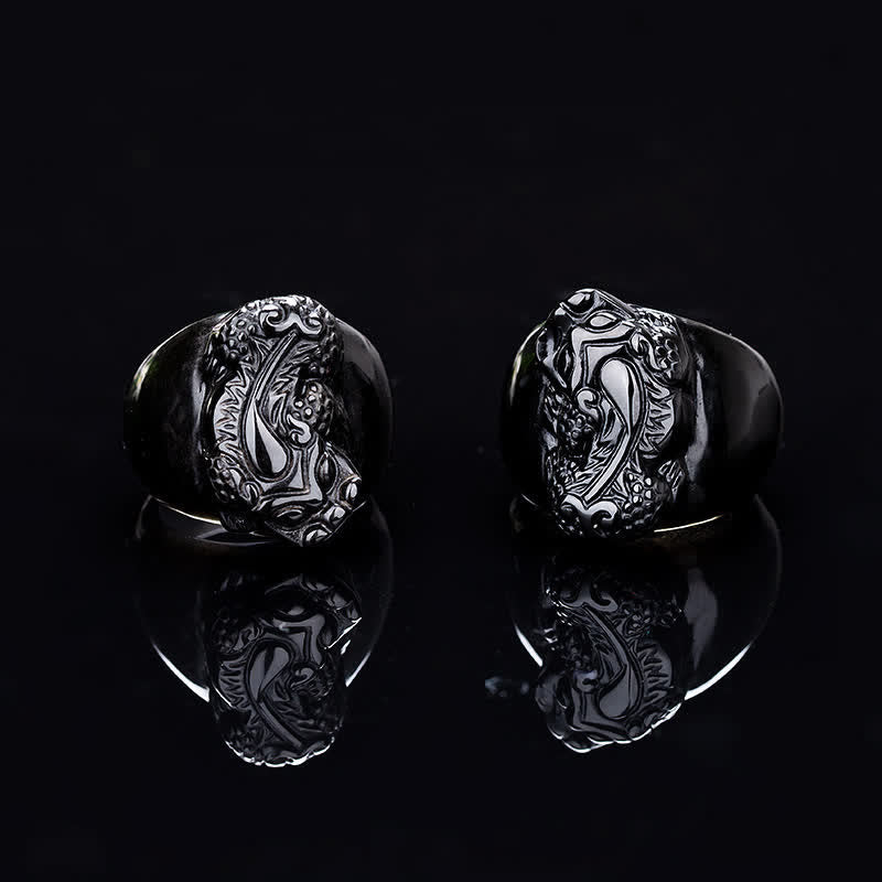 Ring Schwarzer Obsidian Pixiu Stärke Kraft Fengshui Schutz
