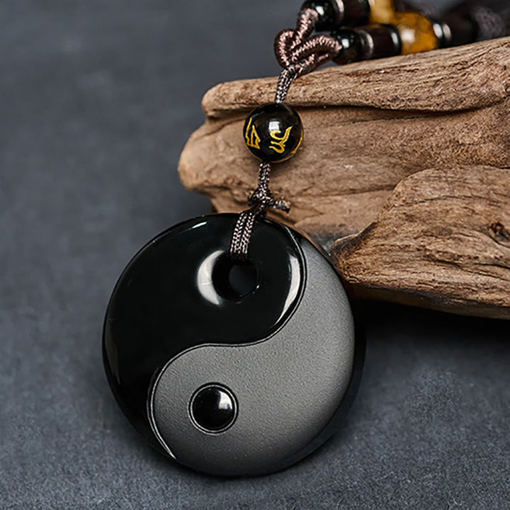 Schwarze Obsidian Yin Yang Kette Stärke Anhänger Naturstein Schmuck