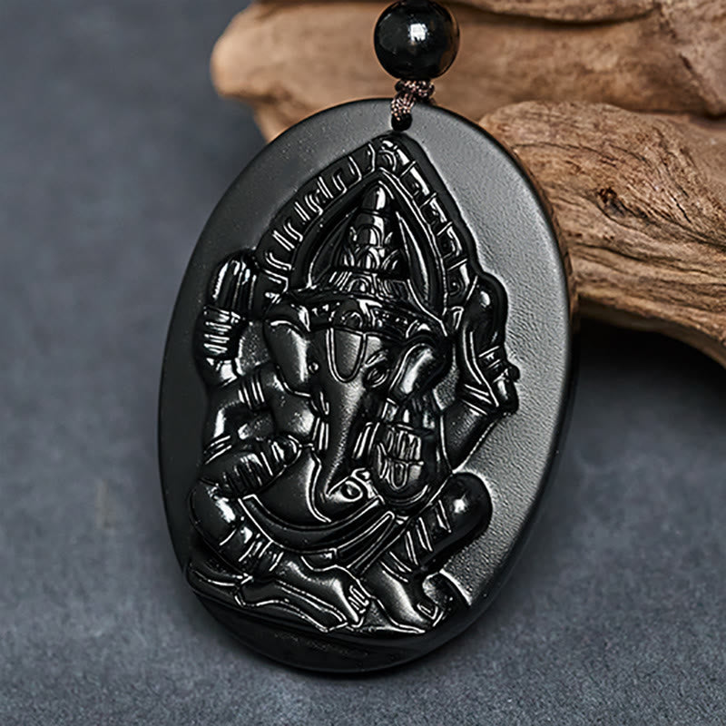 Schwarzer Obsidian Ganesha Kette Anhänger Naturstein Symbol Stärke