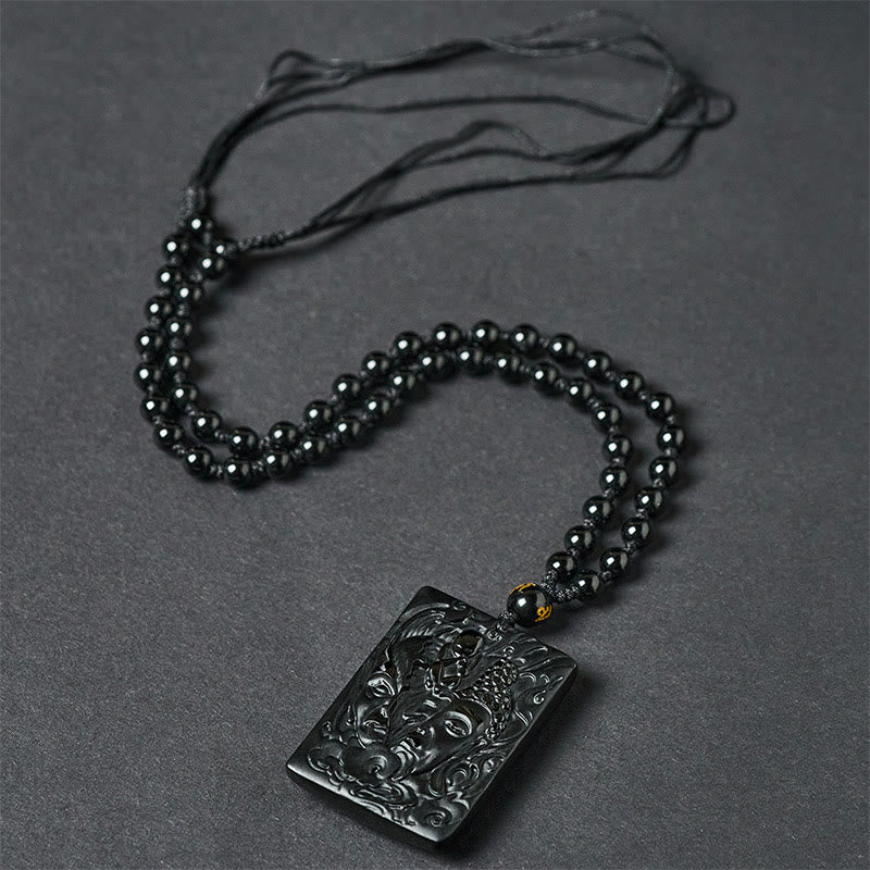 Schwarze Obsidian Kette mit Buddha-Relief Anhänger Stärke Meditation