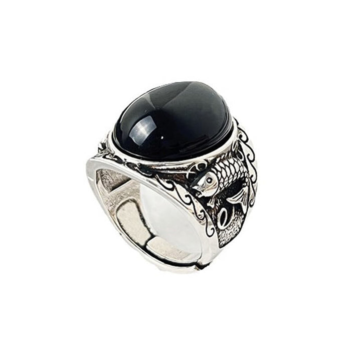 Ring Schwarzer Obsidian Koi Fisch Stärke Kraft Schutz Silber