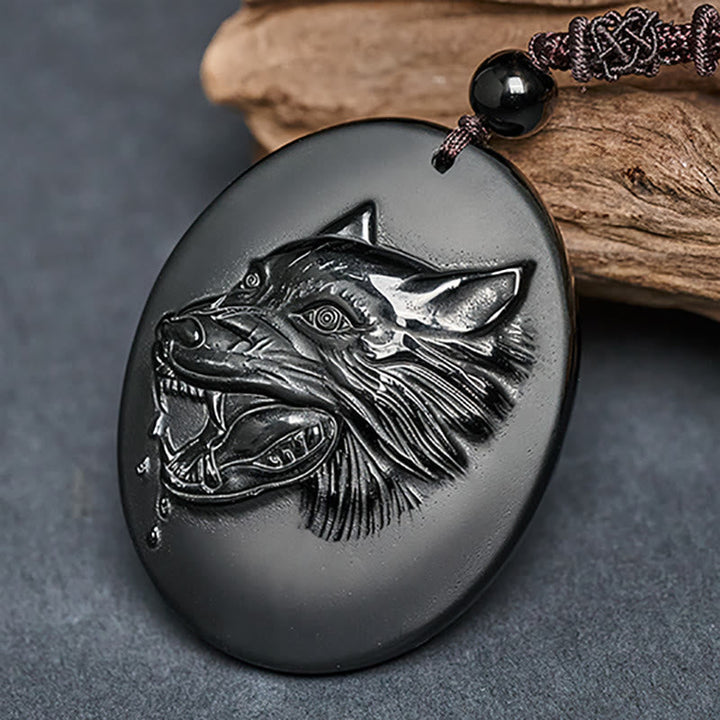 Kette Schwarzer Obsidian Wolf Natur Stärke Kraft Naturstein Anhänger