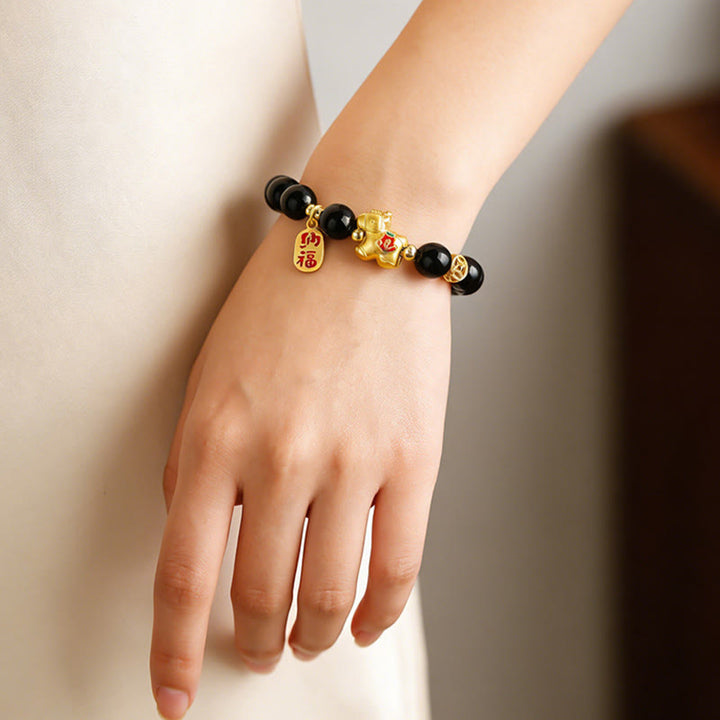Armband Schwarzer Obsidian Pixiu Anhänger Stärke Fengshui Schutz Handgelenk