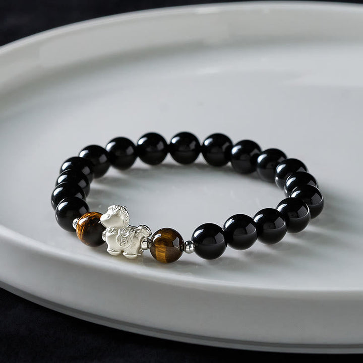 Armband 925 Silber Schwarzer Obsidian Stärke Segen Tigerauge Pferd Schmuck