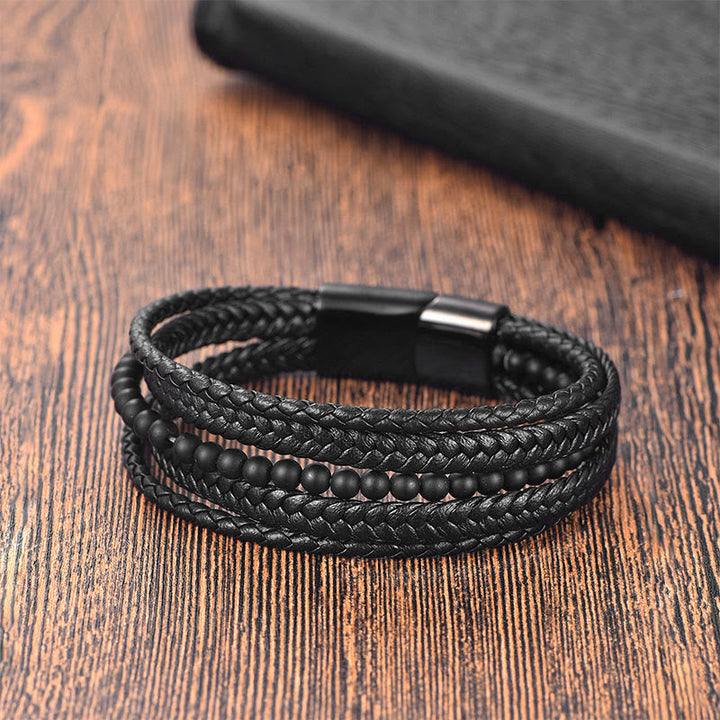 Armband Schwarzer Onyx Glück Harmonie Leder geflochten Magnetverschluss Holz