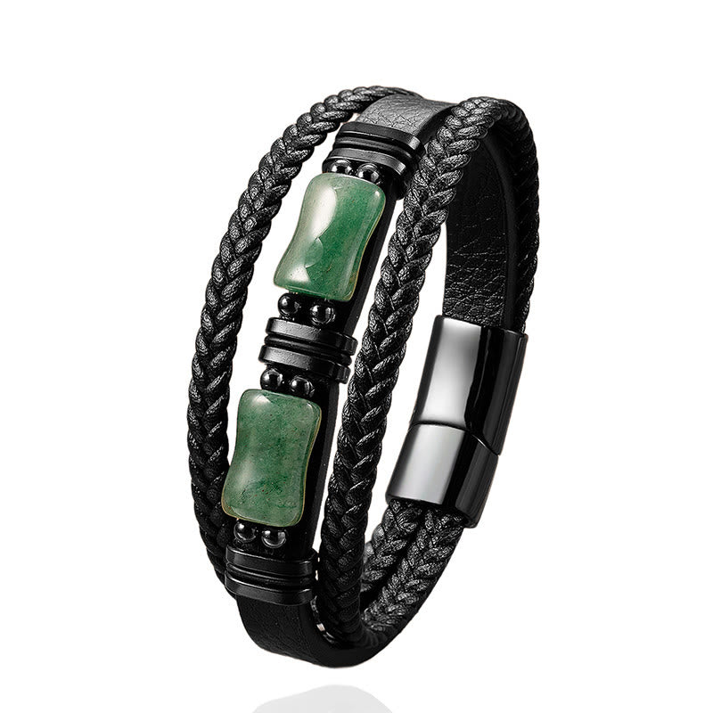 Armband Grüner Aventurin Schwarzer Onyx geflochtenes Leder Edelstahl Magnetverschluss