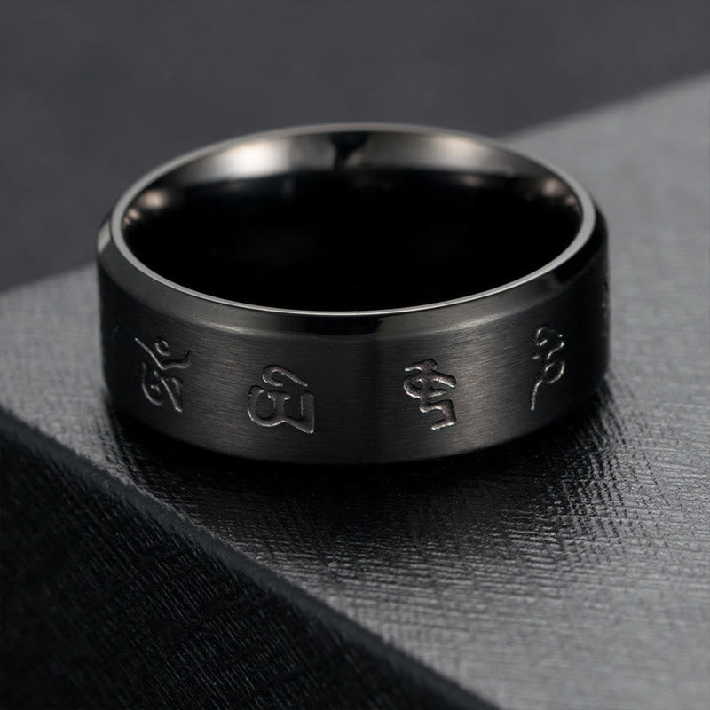 Ring Titanstahl Schwarzer Onyx Jambhala – Balance mit chinesischen Symbolen Fingerring