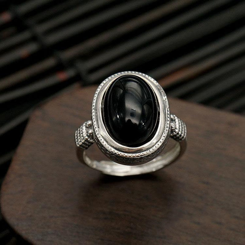 Ring Schwarzer Onyx – Schutz Silberfassung eleganter Schmuck Fengshui Energie