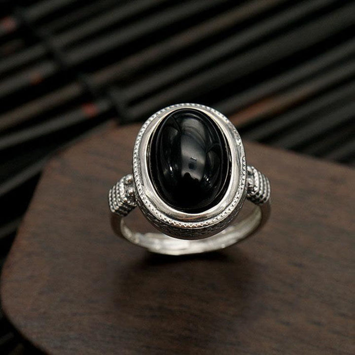 Ring Schwarzer Onyx – Schutz Silberfassung eleganter Schmuck Fengshui Energie
