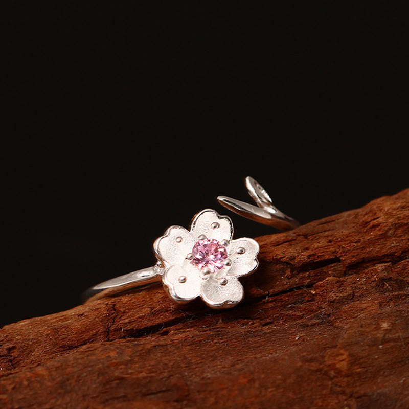 Ring 925 Silber mit Sakura-Blüte Segen rosa Steine eleganter Schmuck
