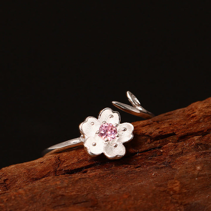 Ring 925 Silber mit Sakura-Blüte Segen rosa Steine eleganter Schmuck
